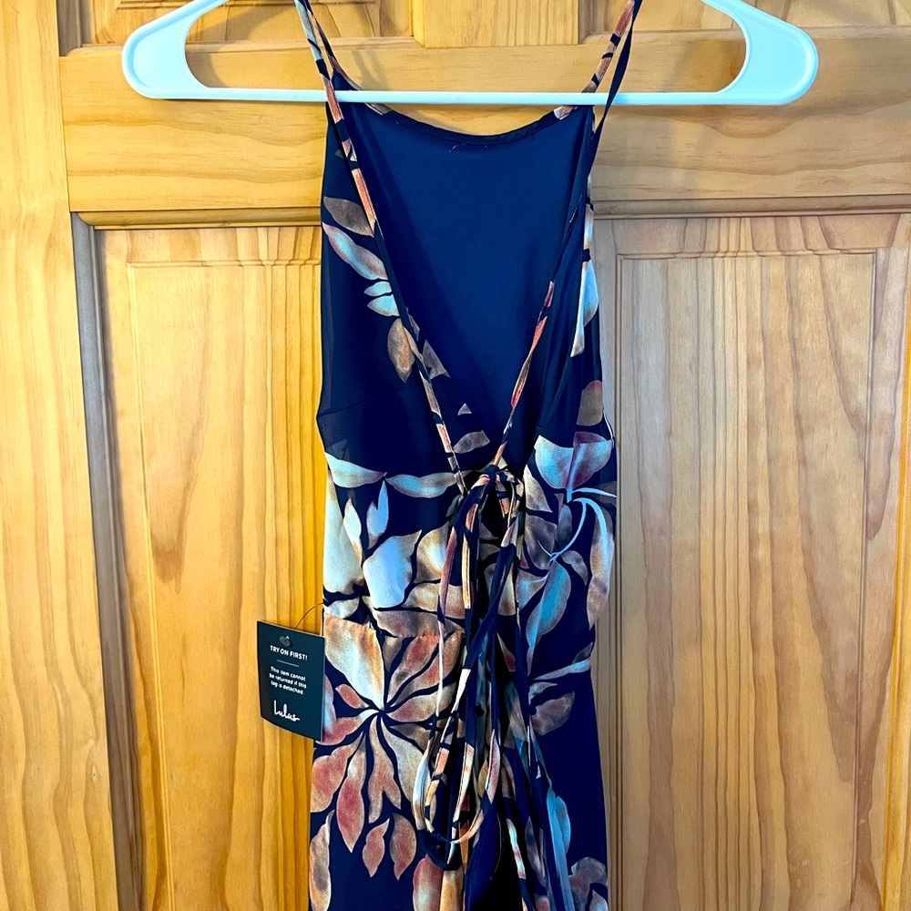 Lulu's Navy Maxi Dress with Brown & Cream Floral Tie-Back